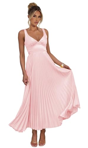 Women's Pleated Bridesmaid Dresses for Wedding Satin V Neck Spaghetti Straps Formal Party Dress DE190