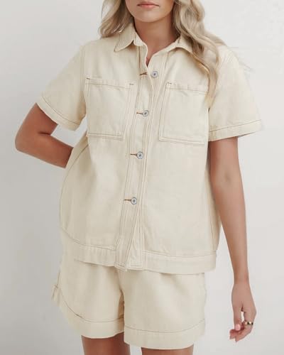 Image of Kedera Summer Denim Set for Women 2 piece Casual Short Sleeve Boxy Shirt Tops and Shorts Pants Lounge Sets Outfits