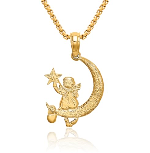 IceCarats 14K Solid Yellow Gold Guardian Angel Star Half Crescent Moon Necklace Protect Us Cherub Pendant Religious Charm