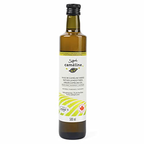 Signé Caméline, Huile de Caméline Vierge Pressée à Froid 500 ml. Huile Végétale de Cuisson & Finition, Remplace L'Huile d'Olive. Haut Point de fumée (260 °C). Produit du Canada