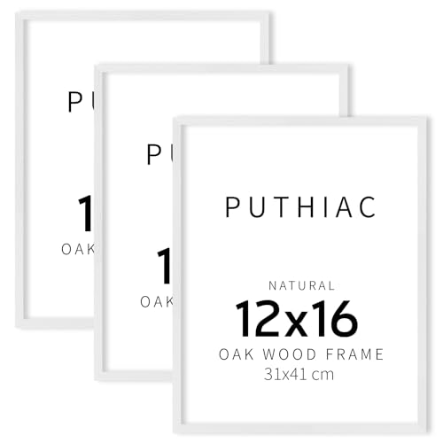 puthiac 12x16 White Oak Wood Picture Frame - Minimalist 12x16 Poster Frame, 12"x16" Picture Frame Wood, Natural Solid Wooden Picture Frames for Wall Art Photo and Prints (3 Pack, White)