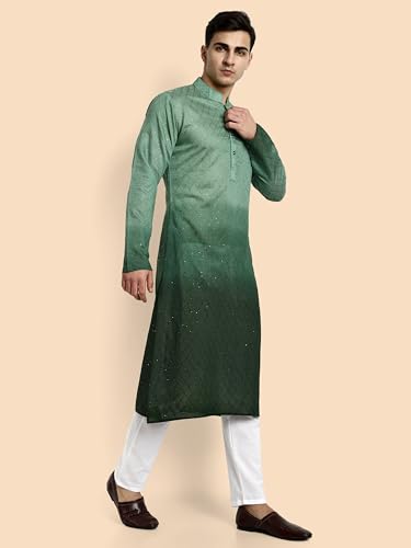 Image of Vardha Men's Cotton Chikankari Embroidered Kurta with Full Sleeves and Knee Length Design and Elegant Sequence Work | Kurta for Men