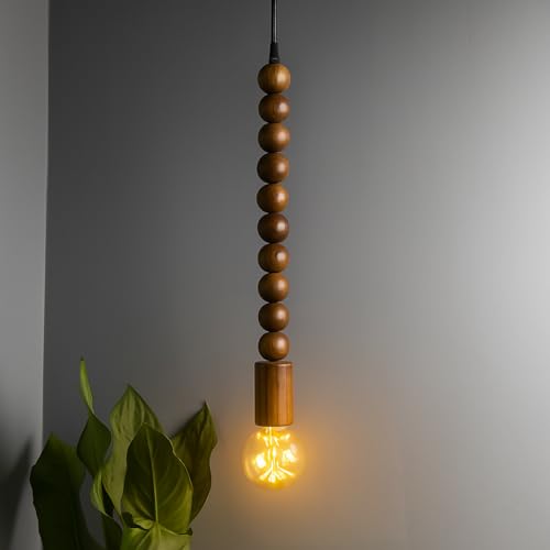 Image of Homesake Wooden Beaded Pendant Light for Living Room | Nordic Hanging Ceiling Lamp with Warm Light | Rustic Modern Pendant Lamp for Bedroom, Dining, Cafe & Home Decor, Dark Brown