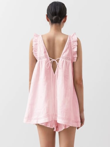 Image of Women's Summer Ruffle Short Sets Cotton Sleeveless Pajama Set | 2 Piece Outfits for Women, Lightweight Breathable Cotton, Relaxed Fit, for Bridesmaid, Party, Vacation and Daily Wear