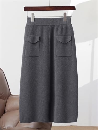 Women Autumn Winter Merino Wool Skirt Mid Length High Waist Solid Color Knitted Skirt with Pockets4