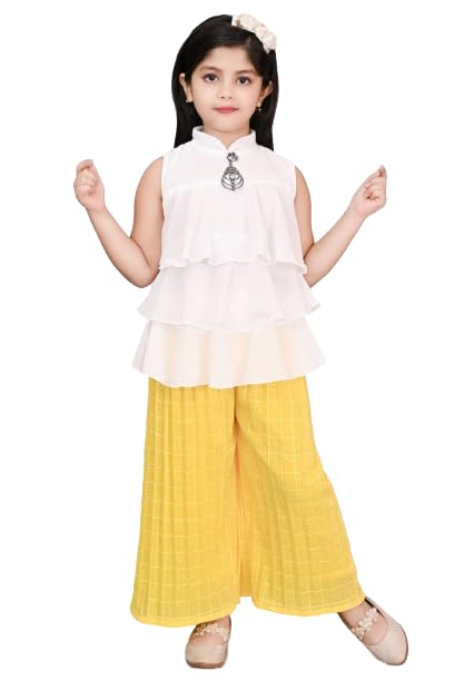 Image of Chiffon Self Design Printed Dress & Capri Set For Girls