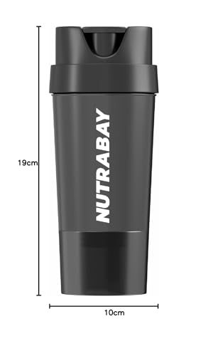 Image of Nutrabay Gym Cyclone Shaker Bottle 500ml with Extra Compartment for carrying Protein Powder & Multivitamin Pills, Ideal for Protein Shake, 100% Leakproof, Food Grade, BPA Free Material Sipper Gym Bottle - 500ml (Black, Plastic)