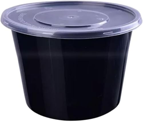 HongzyFirm丸型使い捨てランチボックス テイクアウト ファーストフードボックス 黒 プラスチックランチボックス 蓋付き フルーツボックス 食品保存容器 漏れ防止 ピクニック 50個 (1500ml)
