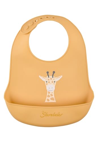 Sterntaler Silikon Lätzchen Giraffe Kaya – Lebensmittelecht – Abwischbar & spülmaschinengeeignet – Mit Auffangfach für weniger Essensreste – Verstellbar für Babys & Kleinkinder, ocker