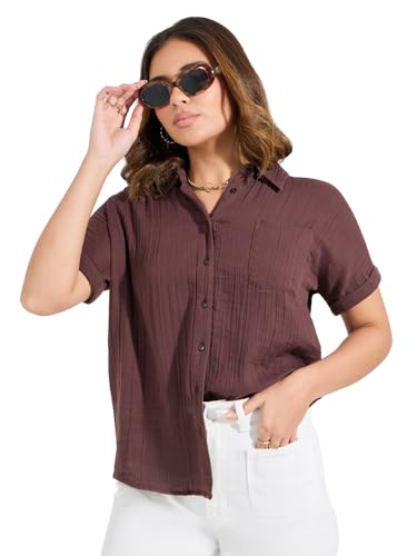 Image of Styli Women's Brown Regular Fit Roll-Up Sleeve Textured Button-Down Shirt | Cotton Casual Top with Spread Collar & Button Closure | Perfect for Versatile Casual Wear