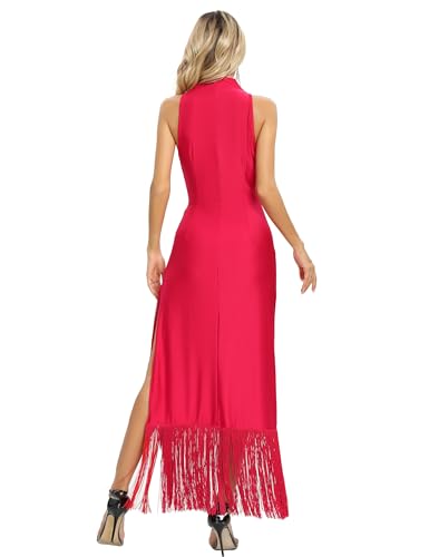 Image of Aigeman Women Vintage Flapper Dresses 1920s Great Gatsby Halter Fringed Maxi Dress Tassels High Split Formal Dress 19
