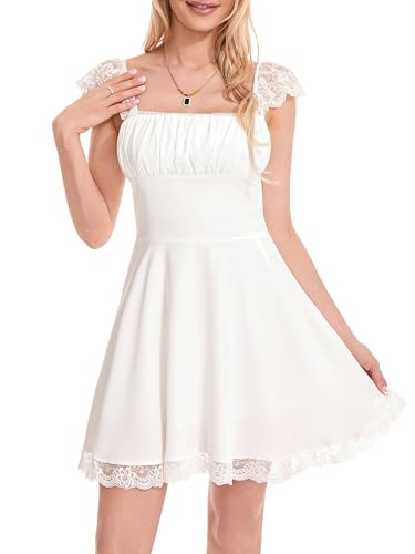 Womens Graduation Party Mini Dress Cute Square Neck Lace Straps White Fairy Short Dress