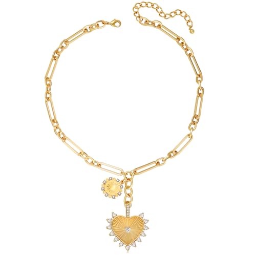 Chunky Gold Necklace for Women, 18K Waterproof Heart Necklace Statement Necklace Gold Charm Necklace Chunky Jewelry Paperclip Chain Choker Gift for Women