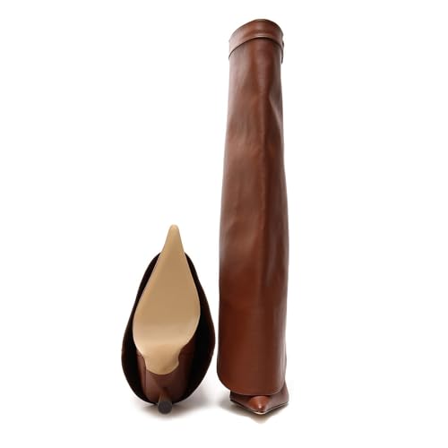 Image of Goolita Fold Over Boots For Women, Pointed Toe Stiletto Heel Knee High Boots Fashion Comfortable Slip On Tall Boots