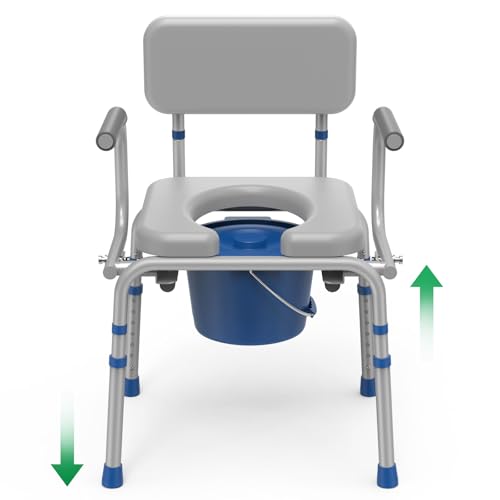 Loyoda Drop Arm Bedside Commode, Commode with Padded Seat and Backrest, 500lbs Capacity, 5.81QT Removable Bucket, Adjustable Height Portable Toilet for Adults, Gray