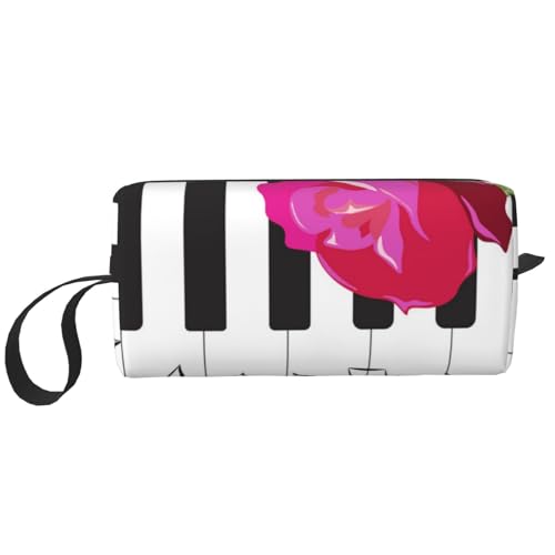 Borsa per il trucco per la ricezione per cosmetici da viaggio da toilette per portatile Organizer Musica Per Pianoforte Astratta E Fiori Di Rosa Rossa