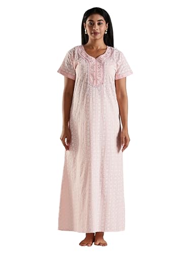 Image of 9shines Label Stylish Chikankari Cotton Nighty Maxi for Women | Full Length Nightgown | Nightdress with Pocket | Embroidery Nighty | Soft Comfortable Cotton Nightwear (1545)