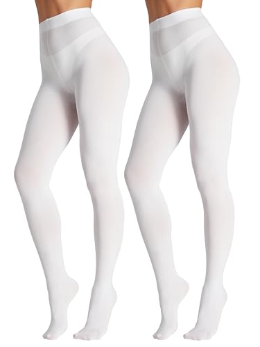 Seidiva 2Pairs Opaque Tights for Women 80D High Waist Womens Stockings Soft & Elastic Womens Pantyhose with 20+ Colors_2White-2XL