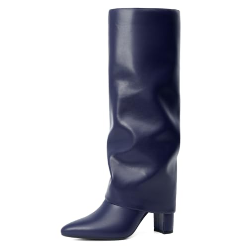Image of Knee High Boots Women Fold Over Boots Chunky Heel Pointed Toe Tall Boots | Fashion Slouchy Boots,Side Zipper Shark Boots,Fall Spring Winter Fashion Dress Tall Boots,Evening Bridal office Long Boots