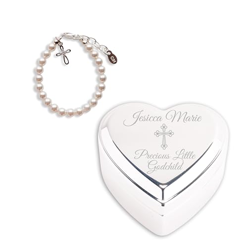 Cherished Moments Christening, Dedication or Baptism Gift for Girls Includes a Personalized Engraved Jewelry Box and Sterling Silver Cross Bracelet with Simulated Pearls - Main Image