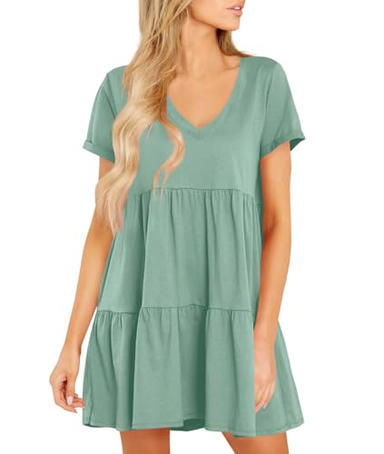 Cosonsen Womens Tshirt Dress Short Sleeve V-Neck Casual Boho Mini Vacation Dresses Sage Green L
