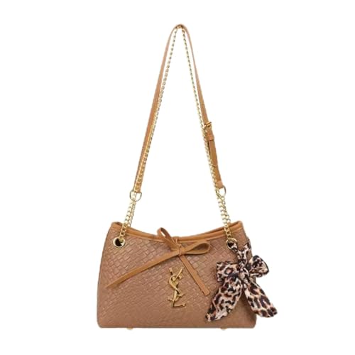 Designer Handbag with Woven Pattern, Tan Brown Leather, Gold Chain Strap, Leopard Print Bow Accent
