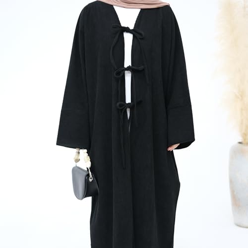 Corduroy Abaya Cardigan Open Front Abaya Lace-up Prayer Clothes Muslim Daily Clothing Solid Color Islamic Clothing4