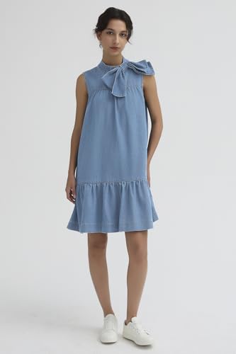 Image of EZAPINE Denim Dress for Women Summer Sleeveless Mock Neck Ruffle Hem Babydoll Jean Dress with Bow