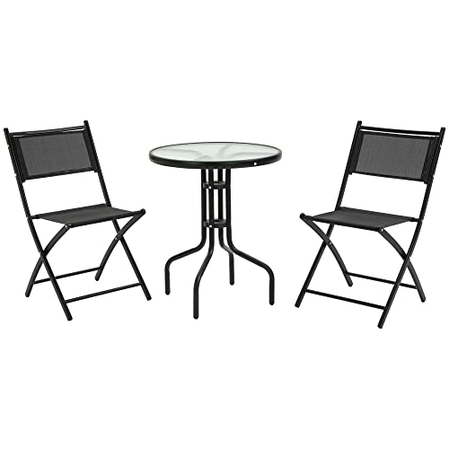 Outsunny Salon de Jardin Bistro 2 chaises Pliables - Table Ronde dim. Ø60 x 70H cm - Plateau Verre trempé métal époxy textilène Noir