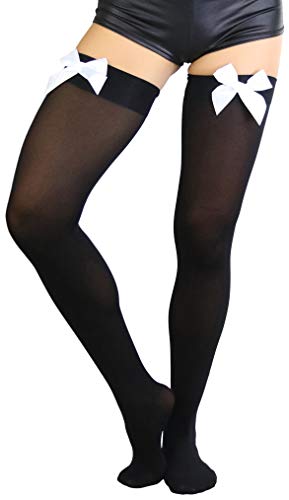 Image of ToBeInStyle Women's Opaque Long Thigh High Stockings w /Decorative Front Satin Bow