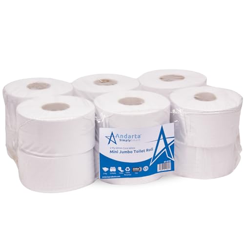 Andarta - 62mm Core 2Ply Mini Jumbo White Toilet Rolls - Pack of 12 High Capacity Toilet Roll - 150m Per Roll - Made from Recycled Materials - Suitable for All Jumbo Dispenser