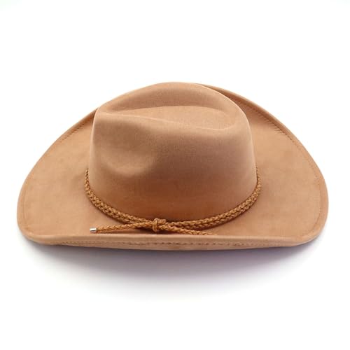 Image of Western Cowboy Hat for Women Men Wide Brim Cowboy Hat for Women with Woven Buckle Belt Suede Classic Fedora Hats