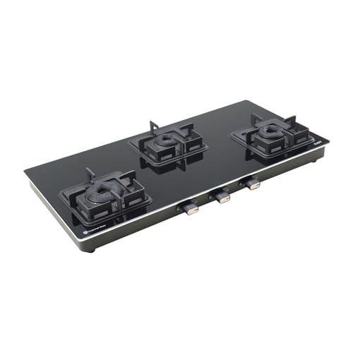 Image of KAFF Gas Stove /Cooktop 3 Burners 77 CM, Black Coated Brass Burners With Auto Electric Ignition, Decorative SS Moulded Strip on All Sides for Edge Protection Black | CTQ773BAI