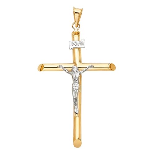 14k Two Tone Gold Religious Crucifix Cross Charm Pendant - 58 X 28 MM Real Gold Jesus Cross Necklace Pendant - Best Gift for Men and Women