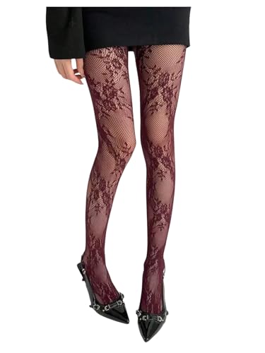 Image of RoseSeek Women's Floral Lace Fishnet Tights Kawaii Y2K See Through Stocking | Sheer Mesh, Lace Tights, Floral Lace Fishnet Tights, Thigh Highs, Leggings, Y2K Stockings