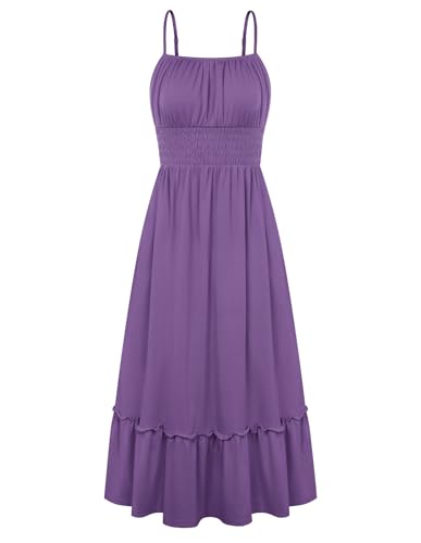 GRACE KARIN 2026 Summer Maxi Dresses for Women, Smocked Spaghetti Strap Long Dress, Flowy Boho Beach Sundress Purple M