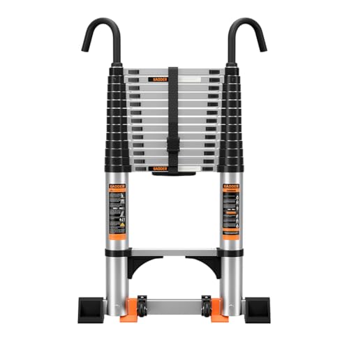 Telescopic Ladder with Non-Slip Feet 3.8M/12.5FT Aluminium Extension Loft Ladder with Stabilizer Bar and Detachable Hooks Multi Purpose Extendable Portable Folding Ladders step Ladders