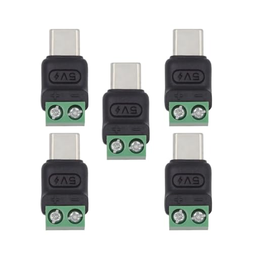 xiwai 5pcs/Set 2Pin Terminal Input to Type-C Male Plug Output Connector Fast Charge Adapter DIY OEM Repair Solderless Connector DC 5V USB2.0 Power