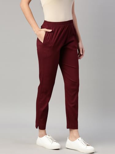 Image of MINELLI Women Solid Cigar Pants, Cotton Lycra Slub Fabric, Elasticated Waistband, Pull On Style, Regular Fit Bottom Wear for Western and Ethnic Wear