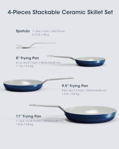 Image of Ceramic Frying Pan Set with Spatula, Nonstick Cookware Set 8 /9.5 /11 Inch