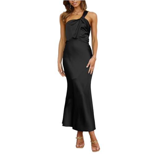 Mulheres 2024 Verão Cetim Ruched Bodycon Vestido Sem Mangas Um Ombro Belted Cocktail Vestido Midi,Bl