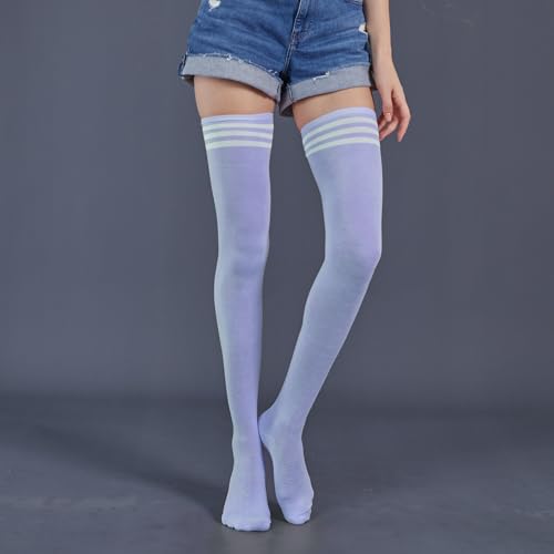 Image of AQOKKA Extra Long Thigh High Socks for Women Striped Over Knee Thigh Socks Long Boot Thigh High Stockings Leg Warmers