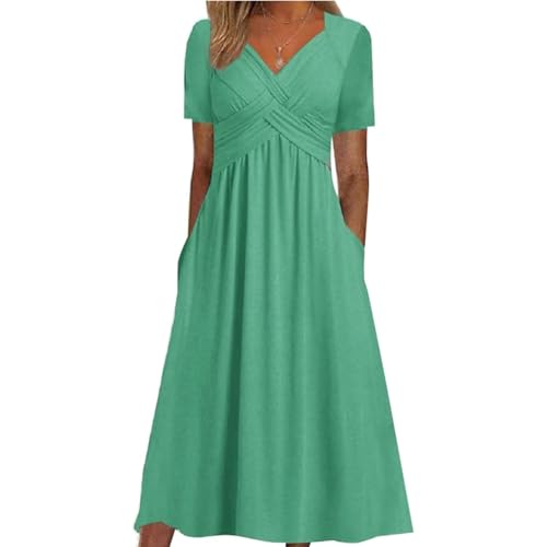 Vestido Largo Informal de Manga Corta con Escote en V y Manga Corta con entrecruzamiento en la Parte Delantera, Vestido de Playa para invitada de Boda con Bolsillo. (Green,XL)