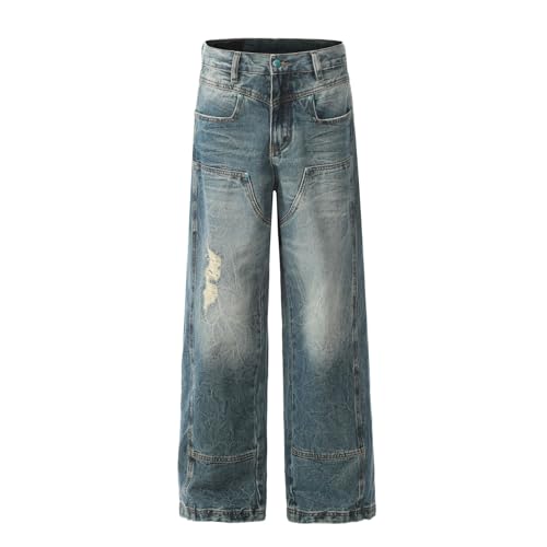 Jeans Pants Trousers Denim Street Trendy Wear Out Hole Loose Water Washed Blue Casual Straight Commuter for Men3