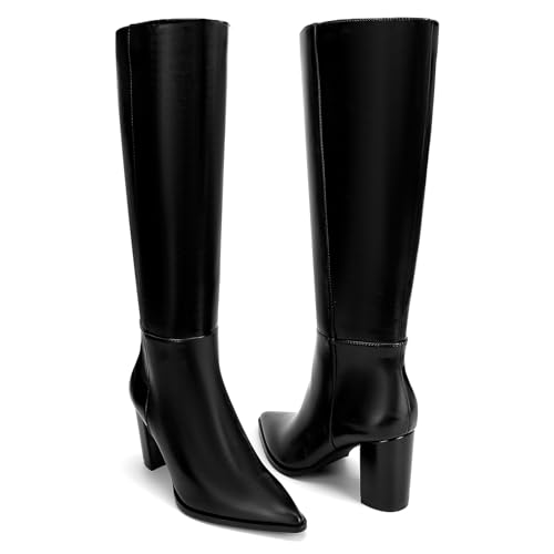 Knee High Boots Pointed Toe Chunky Block Mid Heeled Boots for Women Elastic Side Zip Long Boots3
