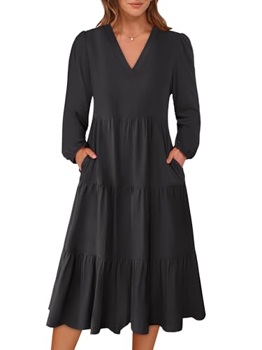 ANRABESS Women's Long Lantern Sleeve Floral Midi Dresses 2025 Fall V Neck Casual Flowy A-line Tiered Boho Vacation Long Dress