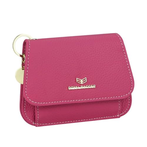 Multi-card Slots Short Wallet Genuine Cow Leather Credit Card Holder RFID Blocking Coin Purse with Keychain 2443 (Watermelon Red)