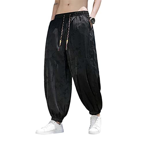 Summer Men's Ice Silk Harem Pants,Vintage Tang Dynasty Loose Trousers with Leaf Print