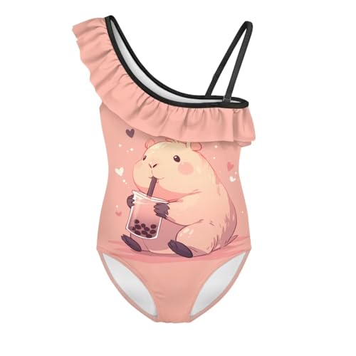 Jeiento Capybara Swimsuit for Kid,Girl's One Piece Swimsuits Cartoon Ruffle Swimwear Quick-Dry Child Beach Bathing Suit