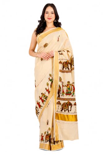 Image of Women's Kerala Tissue Plain Saree with Running Blouse| Onam & Vishu Kani Special | Traditional Kasavu White Colour